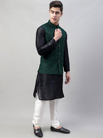 Thumbnail for Jompers Men's Black Solid Kurta Pyjama with Olive Green Embroidered Nehru Jacket - Distacart