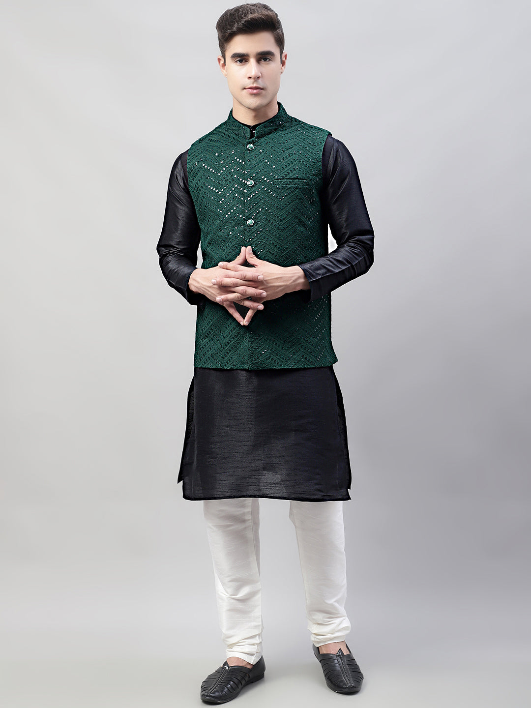 Jompers Men's Black Solid Kurta Pyjama with Olive Green Embroidered Nehru Jacket - Distacart