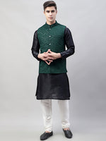 Thumbnail for Jompers Men's Black Solid Kurta Pyjama with Olive Green Embroidered Nehru Jacket - Distacart