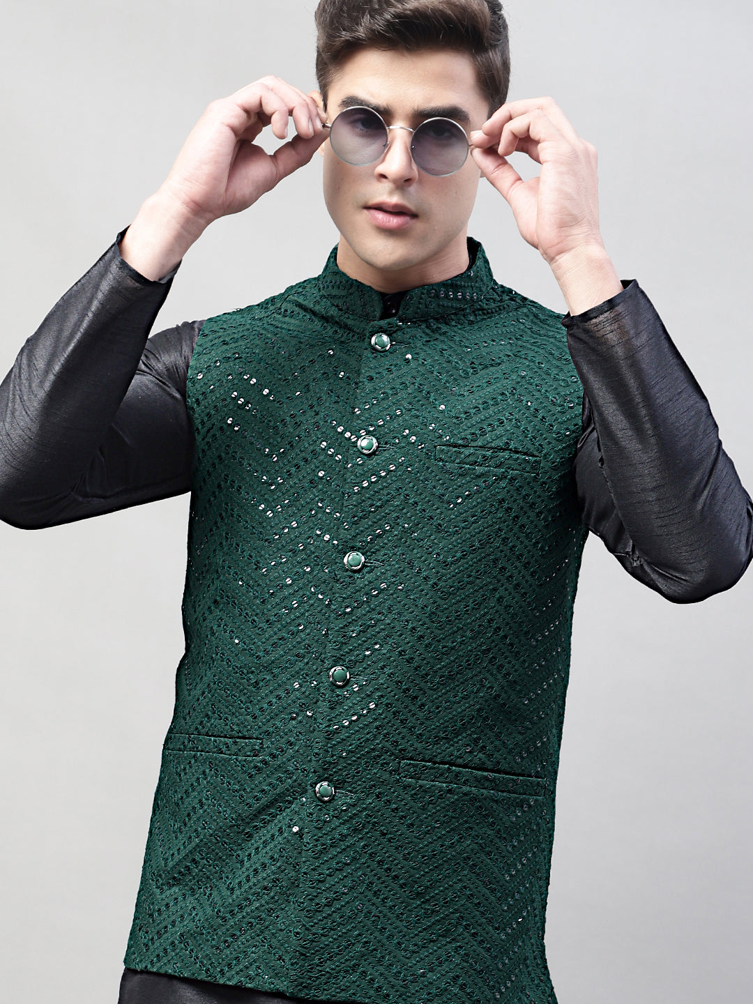 Jompers Men's Black Solid Kurta Pyjama with Olive Green Embroidered Nehru Jacket - Distacart