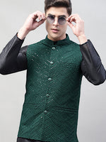 Thumbnail for Jompers Men's Black Solid Kurta Pyjama with Olive Green Embroidered Nehru Jacket - Distacart