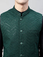 Thumbnail for Jompers Men's Black Solid Kurta Pyjama with Olive Green Embroidered Nehru Jacket - Distacart