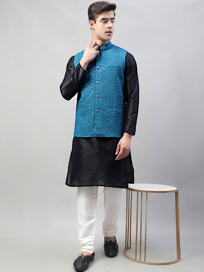 Jompers Men's Black Solid Kurta Pyjama with Blue Embroidered Nehru Jacket - Distacart
