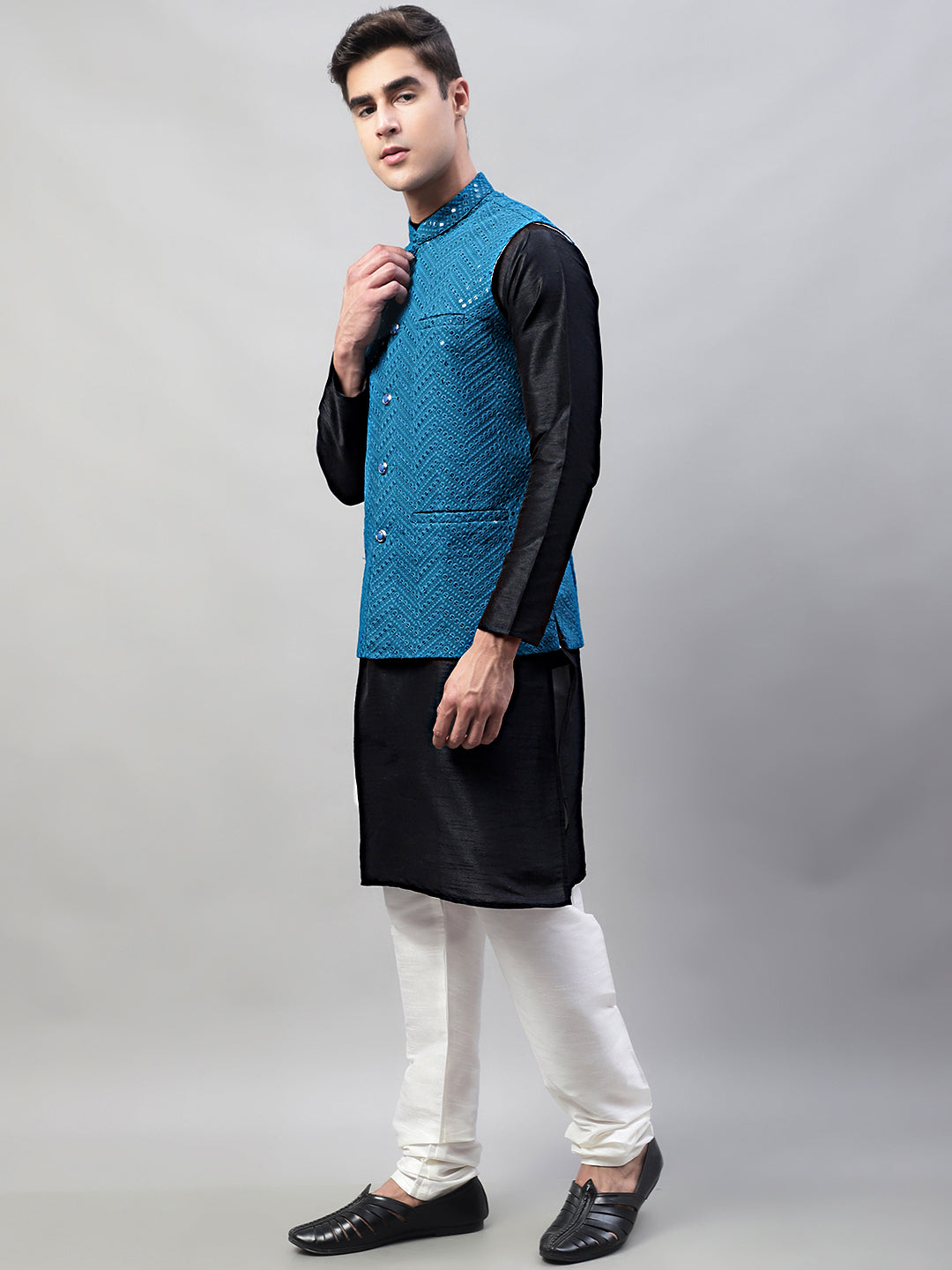 Jompers Men's Black Solid Kurta Pyjama with Blue Embroidered Nehru Jacket - Distacart
