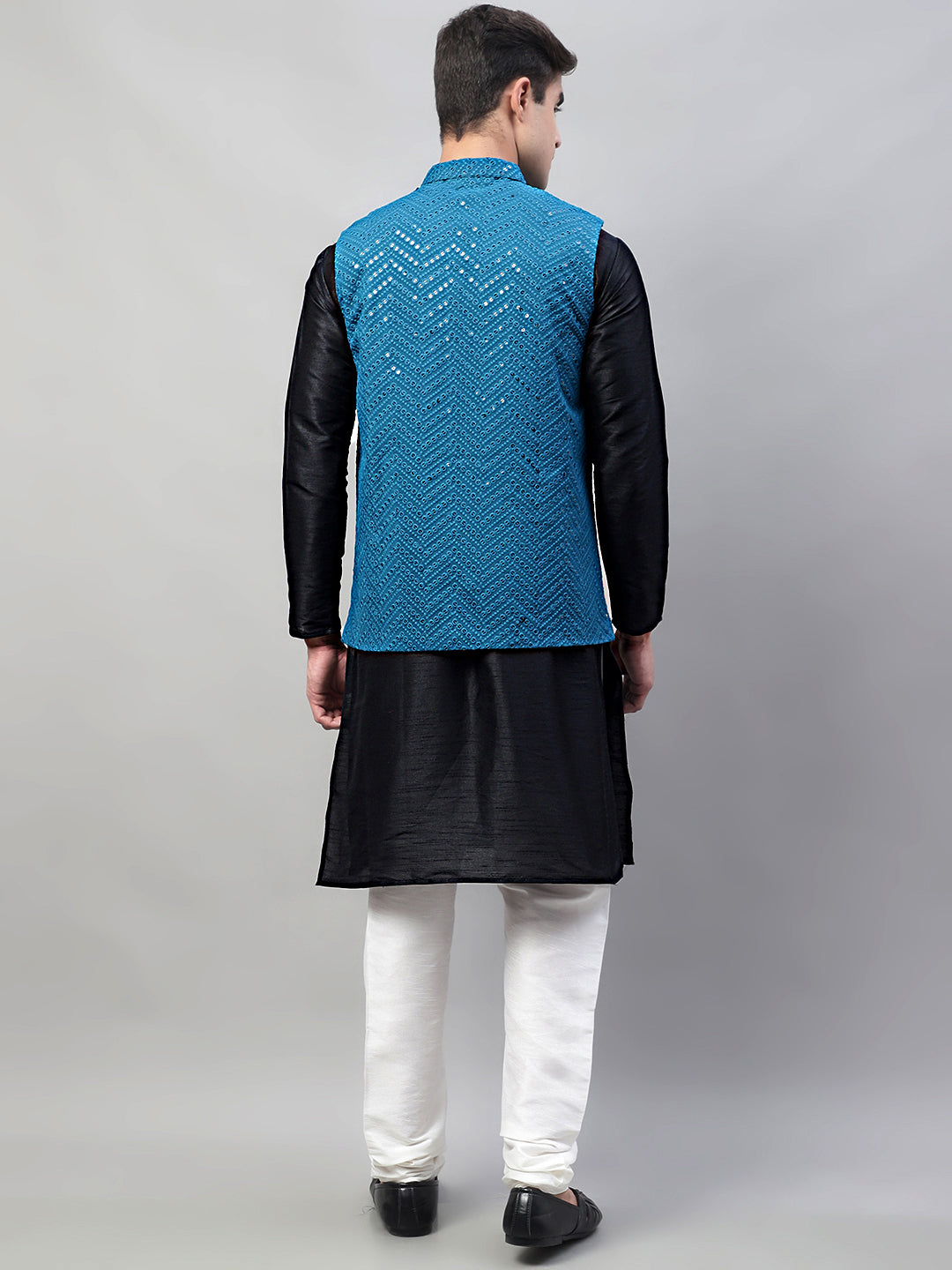 Jompers Men's Black Solid Kurta Pyjama with Blue Embroidered Nehru Jacket - Distacart