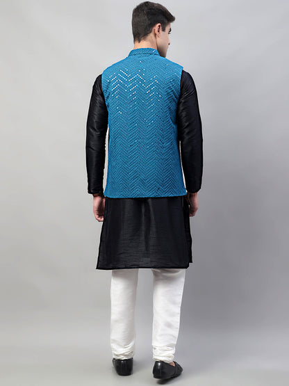 Jompers Men's Black Solid Kurta Pyjama with Blue Embroidered Nehru Jacket - Distacart
