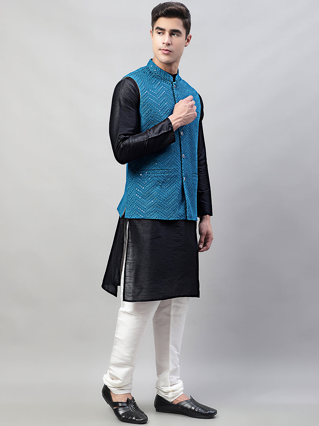 Jompers Men's Black Solid Kurta Pyjama with Blue Embroidered Nehru Jacket - Distacart