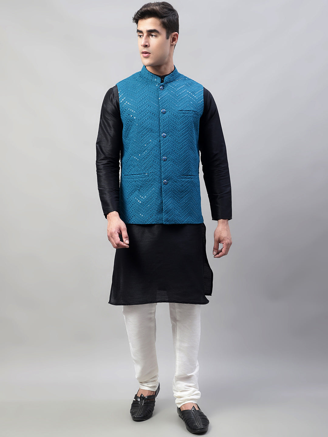 Jompers Men's Black Solid Kurta Pyjama with Blue Embroidered Nehru Jacket - Distacart