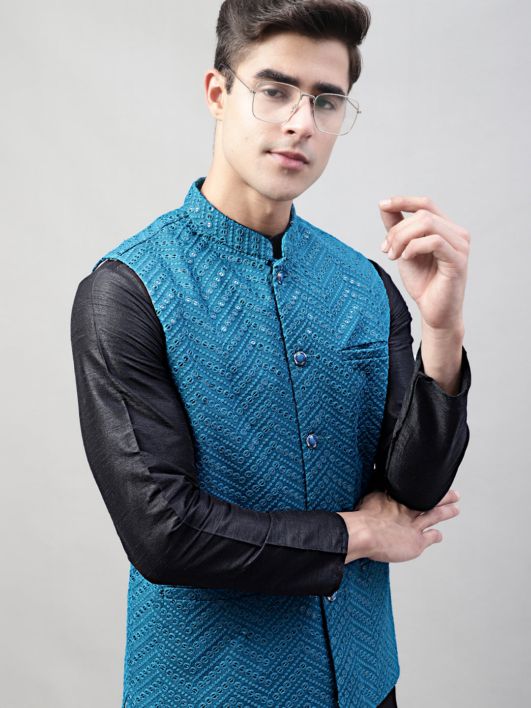 Jompers Men's Black Solid Kurta Pyjama with Blue Embroidered Nehru Jacket - Distacart