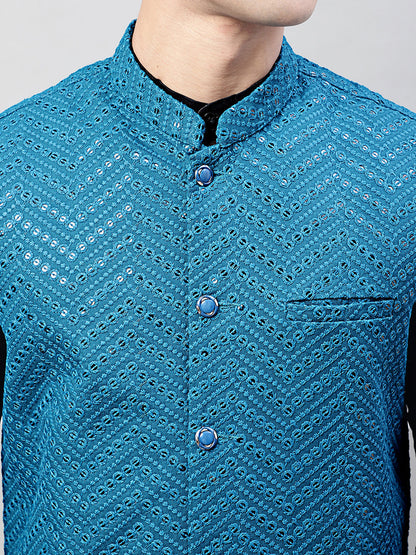 Jompers Men's Black Solid Kurta Pyjama with Blue Embroidered Nehru Jacket - Distacart