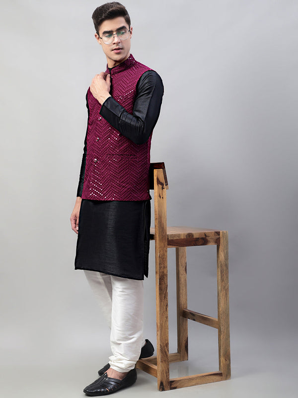 Jompers Men's Black Solid Kurta Pyjama with Purple Embroidered Nehru Jacket - Distacart