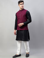 Thumbnail for Jompers Men's Black Solid Kurta Pyjama with Purple Embroidered Nehru Jacket - Distacart
