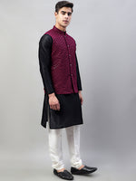 Thumbnail for Jompers Men's Black Solid Kurta Pyjama with Purple Embroidered Nehru Jacket - Distacart