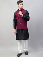 Thumbnail for Jompers Men's Black Solid Kurta Pyjama with Purple Embroidered Nehru Jacket - Distacart