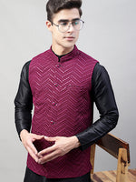 Thumbnail for Jompers Men's Black Solid Kurta Pyjama with Purple Embroidered Nehru Jacket - Distacart