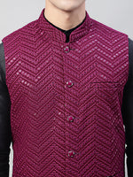 Thumbnail for Jompers Men's Black Solid Kurta Pyjama with Purple Embroidered Nehru Jacket - Distacart