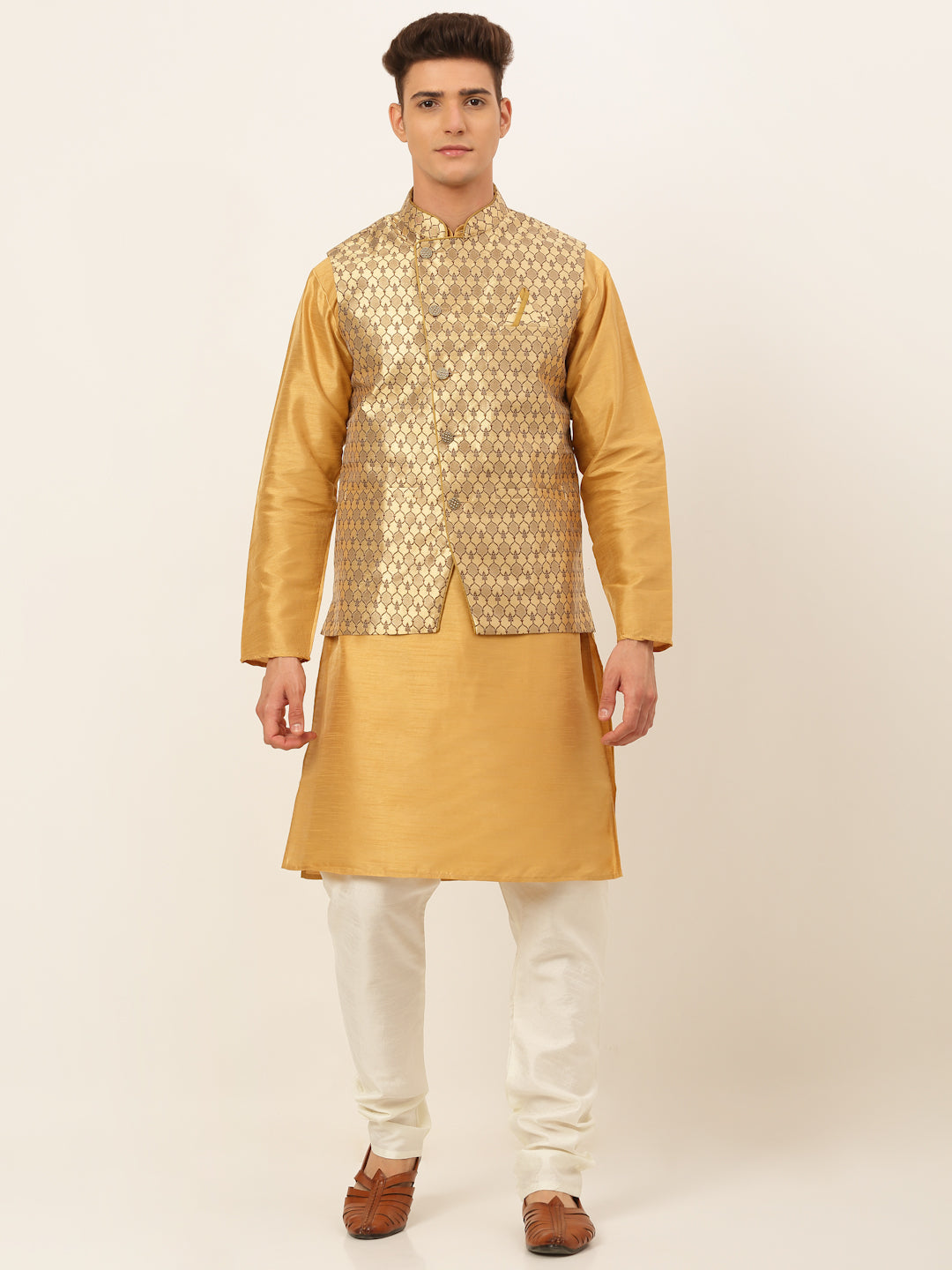 Jompers Men's Solid Kurta Pyjama With Nehru Jacket - DGolden - Distacart