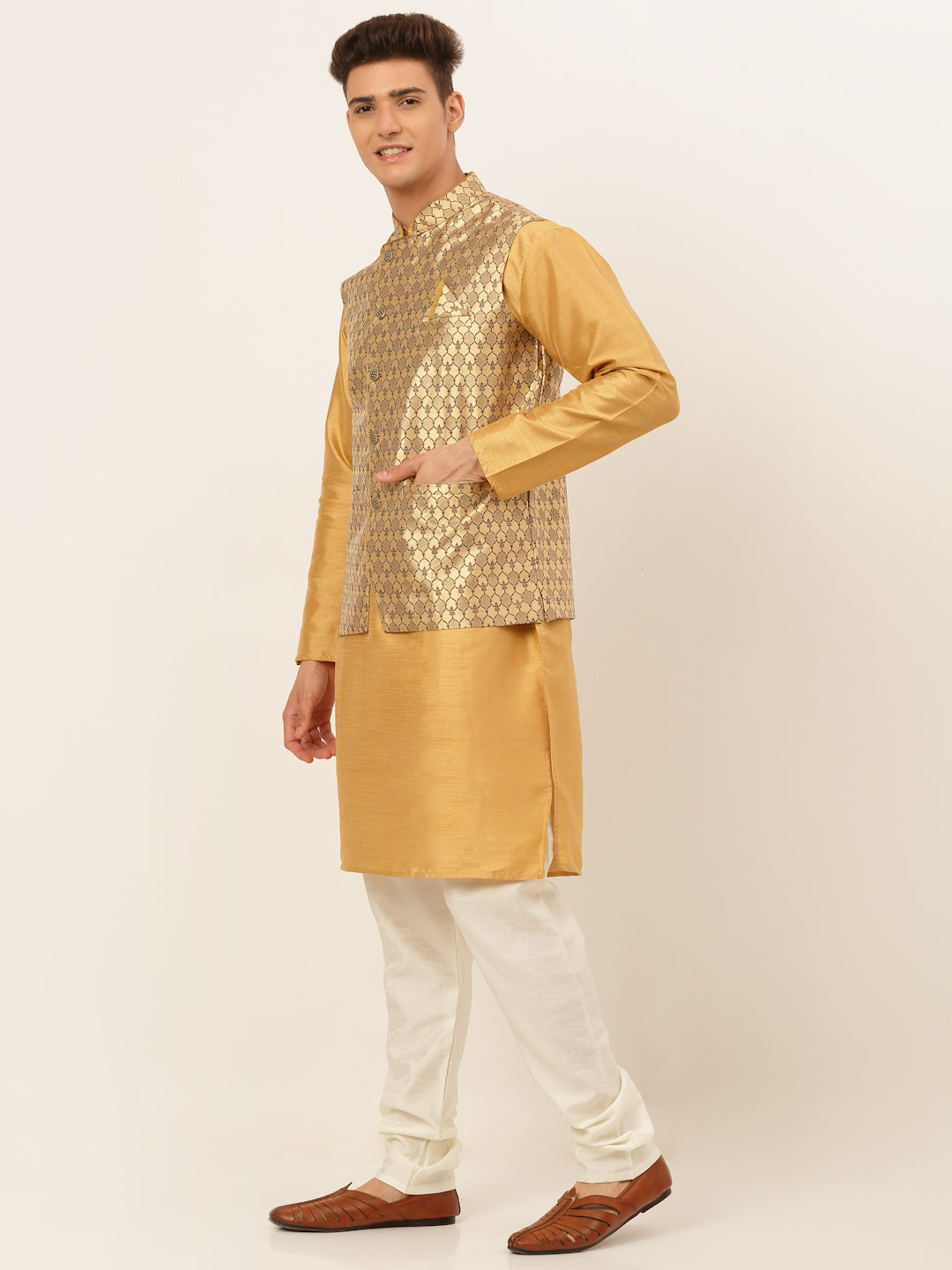 Jompers Men's Solid Kurta Pyjama With Nehru Jacket - DGolden - Distacart