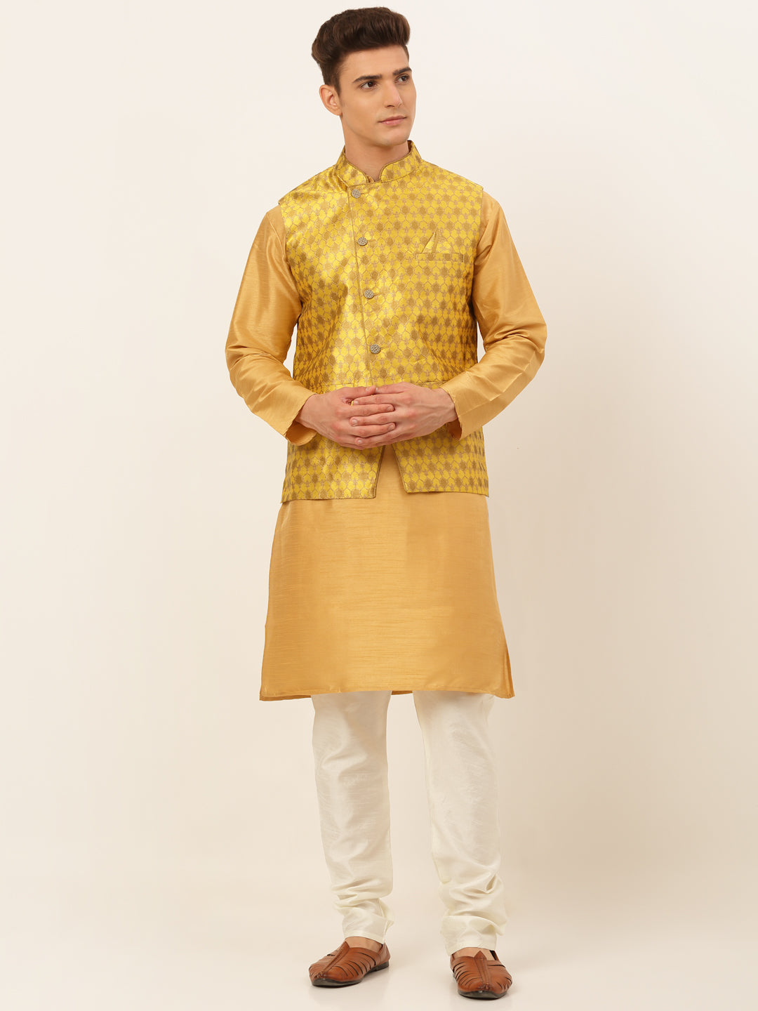 Jompers Men's Solid Kurta Pyjama With Nehru Jacket - DMustard - Distacart