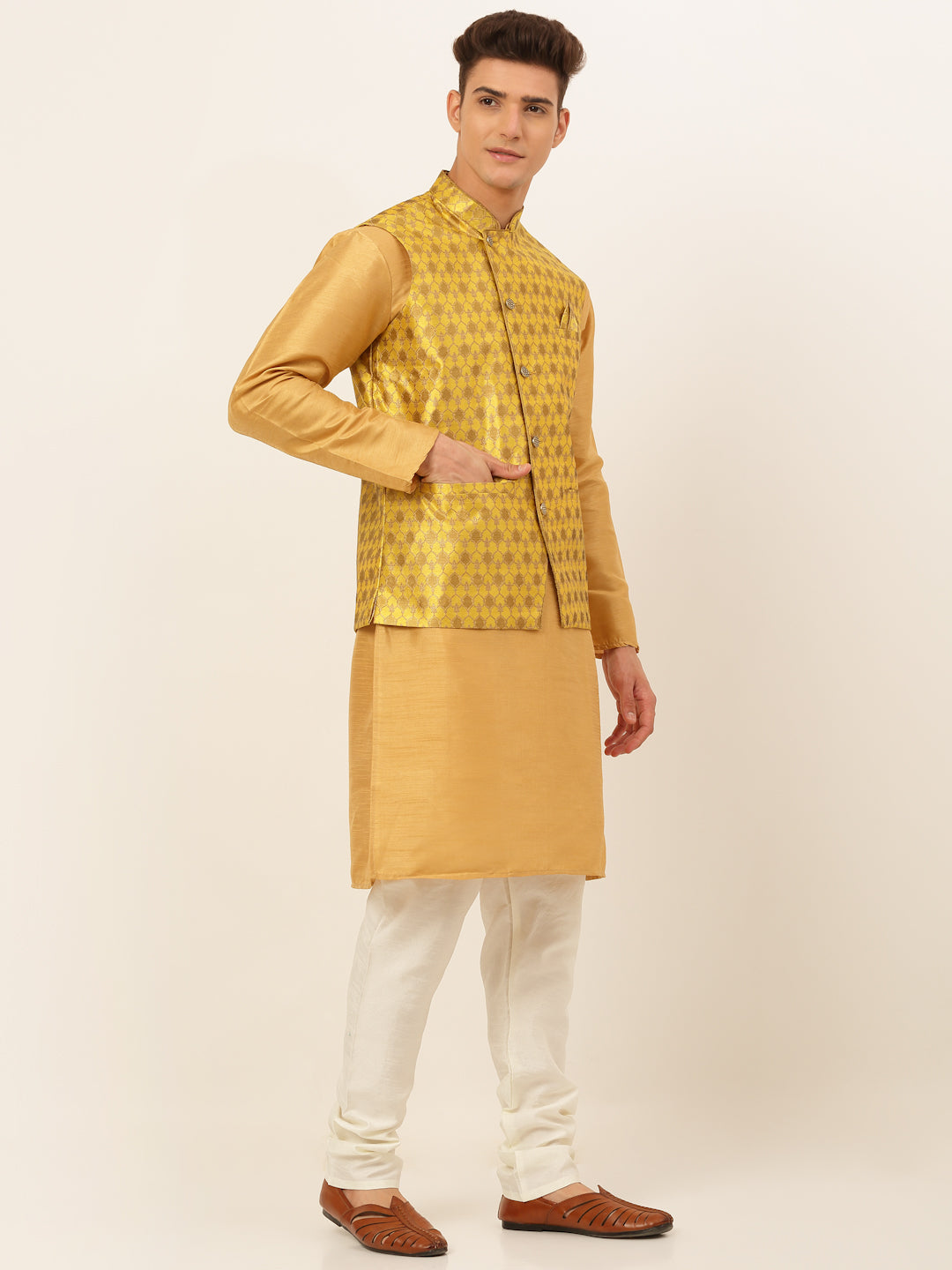 Jompers Men's Solid Kurta Pyjama With Nehru Jacket - DMustard - Distacart