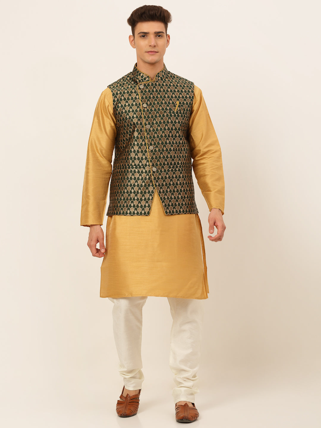 Jompers Men's Solid Kurta Pyjama With Nehru Jacket - DOlive - Distacart