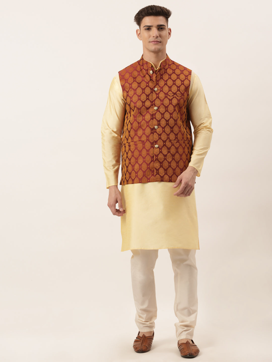 Jompers Men's Woven Design Nehru Jacket and Kurta Pyjama Set - Maroon - Distacart