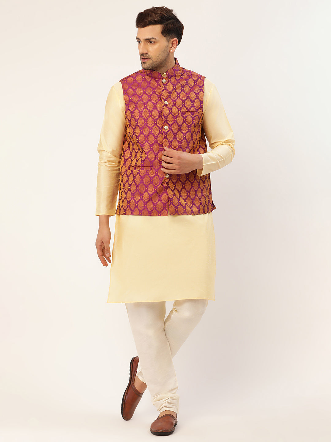 Jompers Men's Woven Design Nehru Jacket and Kurta Pyjama Set - Pink - Distacart