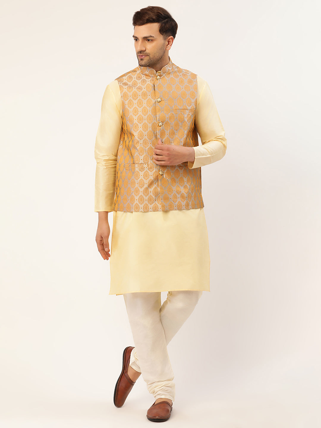Jompers Men's Woven Design Nehru Jacket and Kurta Pyjama Set - Silver - Distacart