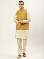 Thumbnail for Jompers Men's Printed Nehru Jacket and Kurta Pyjama Set - Mustard - Distacart