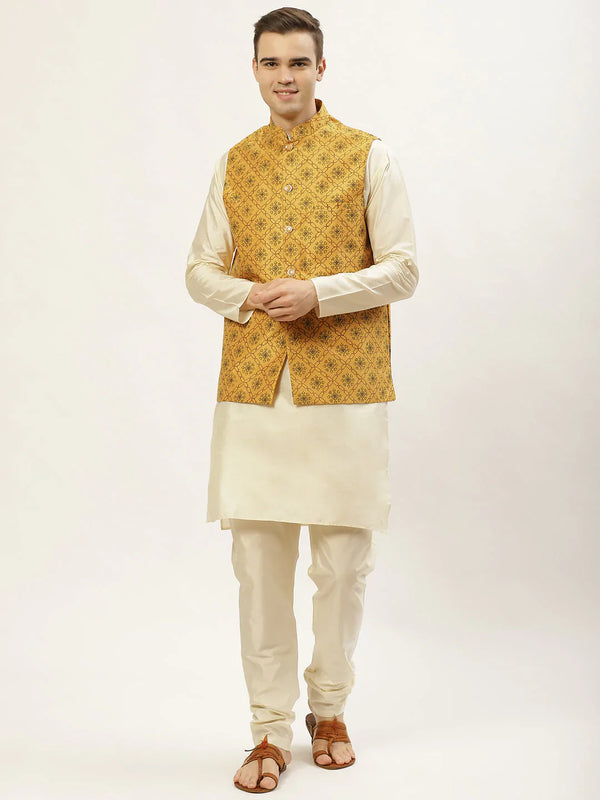 Jompers Men's Printed Nehru Jacket and Kurta Pyjama Set - Mustard - Distacart