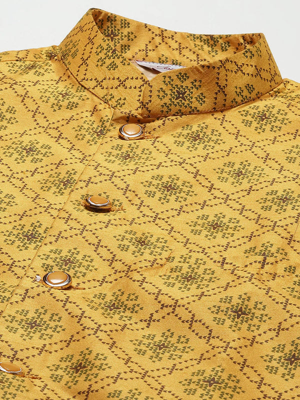 Jompers Men's Printed Nehru Jacket and Kurta Pyjama Set - Mustard - Distacart