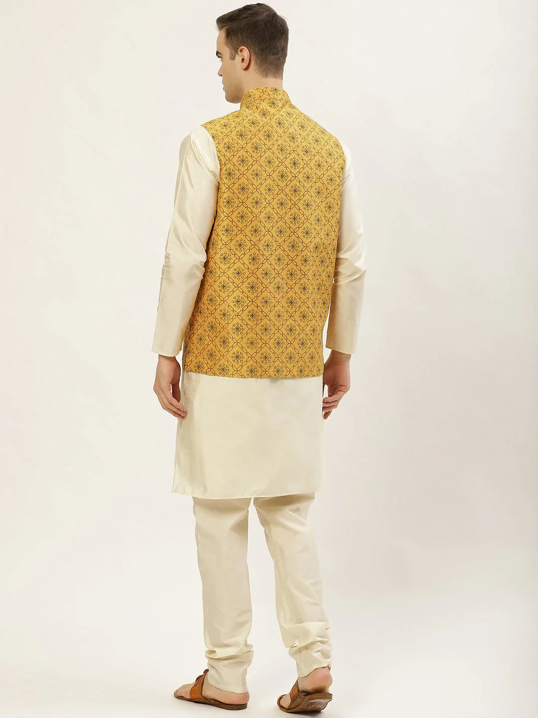 Jompers Men's Printed Nehru Jacket and Kurta Pyjama Set - Mustard - Distacart