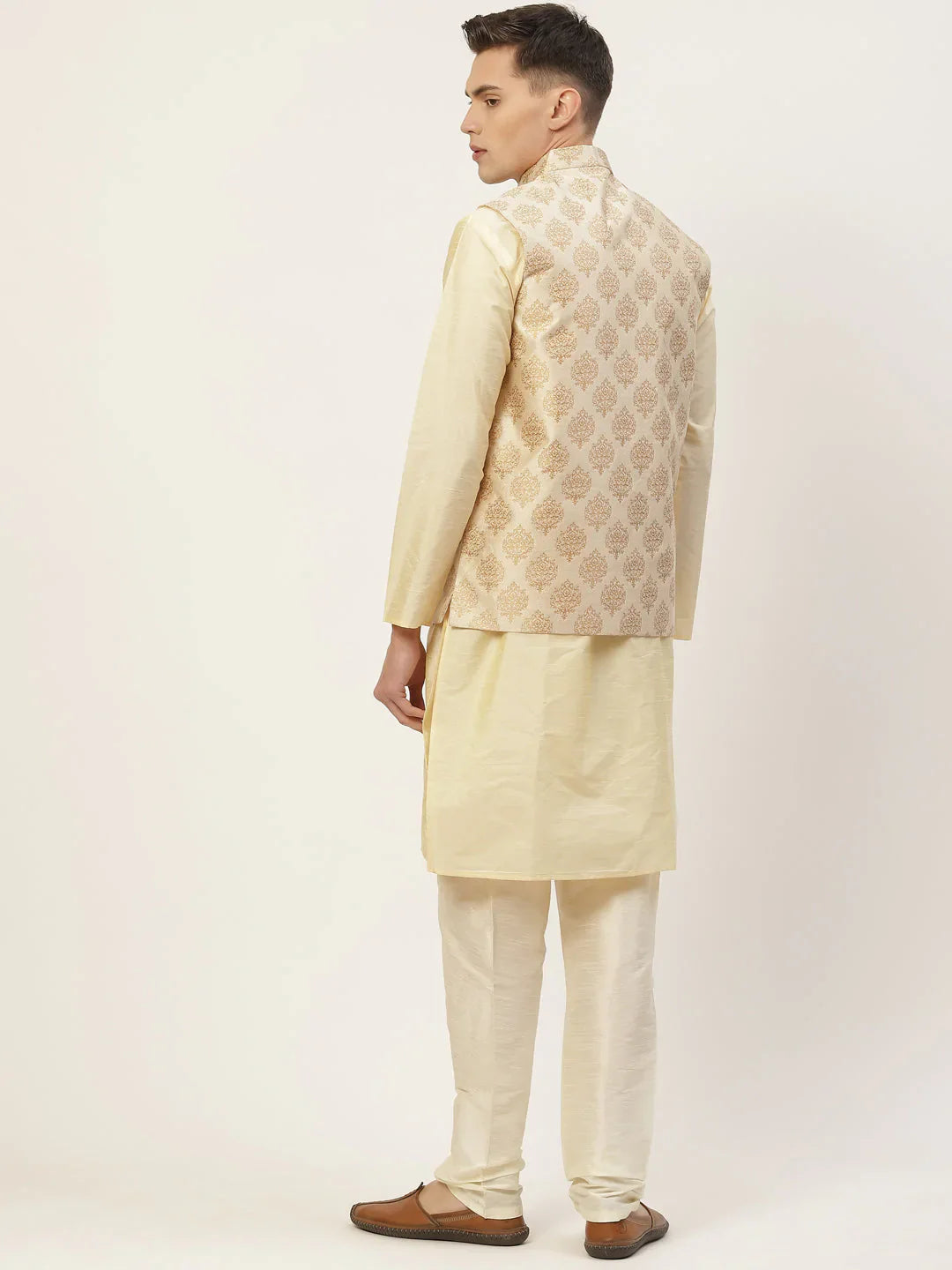 Jompers Men's Solid Kurta Pyjama With Floral Cream Printed Nehru Jacket - Distacart