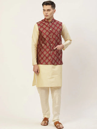 Jompers Men's Solid Kurta Pyjama With Floral Maroon Printed Nehru Jacket - Distacart