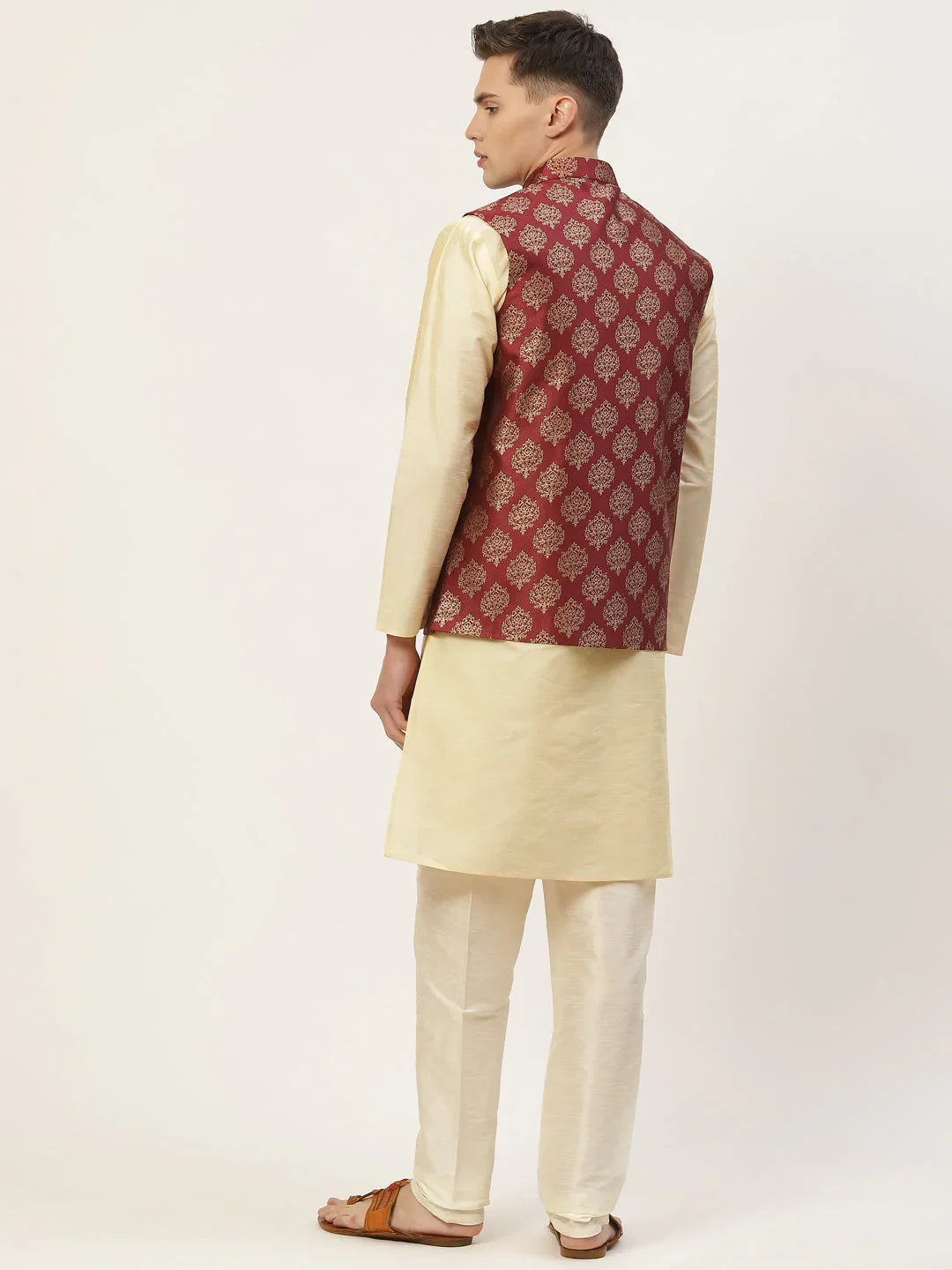 Jompers Men's Solid Kurta Pyjama With Floral Maroon Printed Nehru Jacket - Distacart