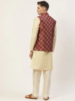 Thumbnail for Jompers Men's Solid Kurta Pyjama With Floral Maroon Printed Nehru Jacket - Distacart