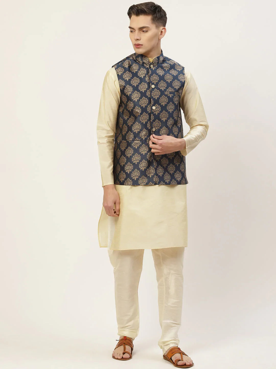 Jompers Men's Solid Kurta Pyjama With Floral Navy Printed Nehru Jacket - Distacart