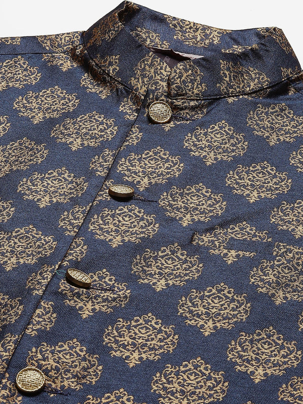 Jompers Men's Solid Kurta Pyjama With Floral Navy Printed Nehru Jacket - Distacart