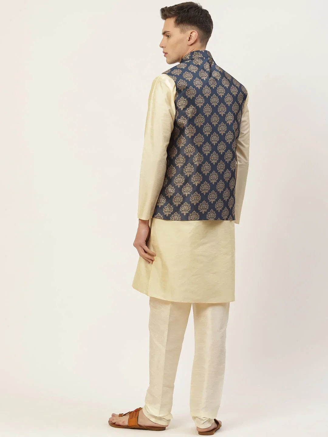 Jompers Men's Solid Kurta Pyjama With Floral Navy Printed Nehru Jacket - Distacart