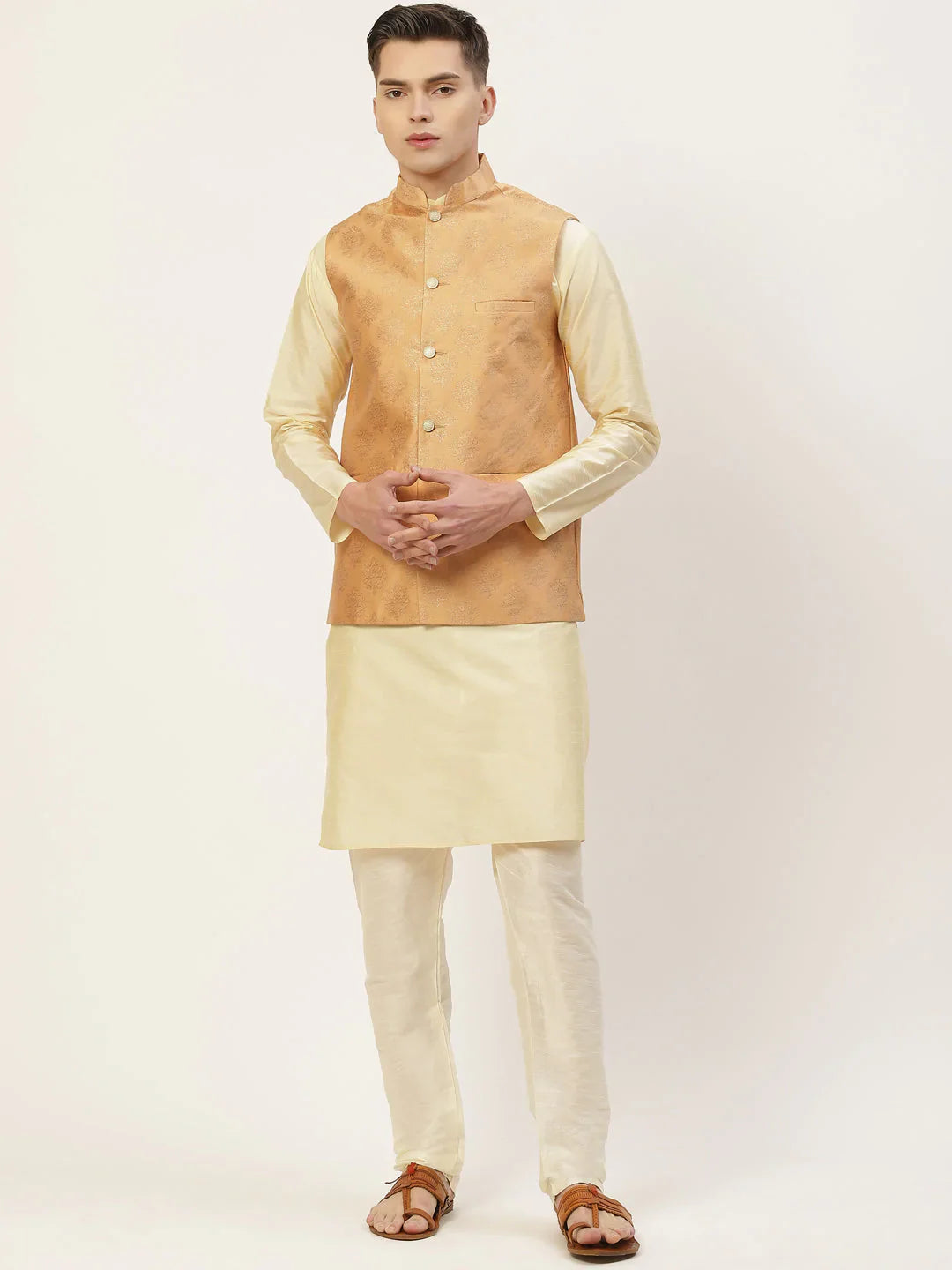 Jompers Men's Solid Kurta Pyjama With Floral Peach Printed Nehru Jacket - Distacart
