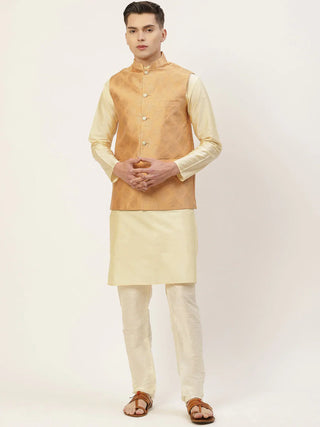 Jompers Men's Solid Kurta Pyjama With Floral Peach Printed Nehru Jacket - Distacart