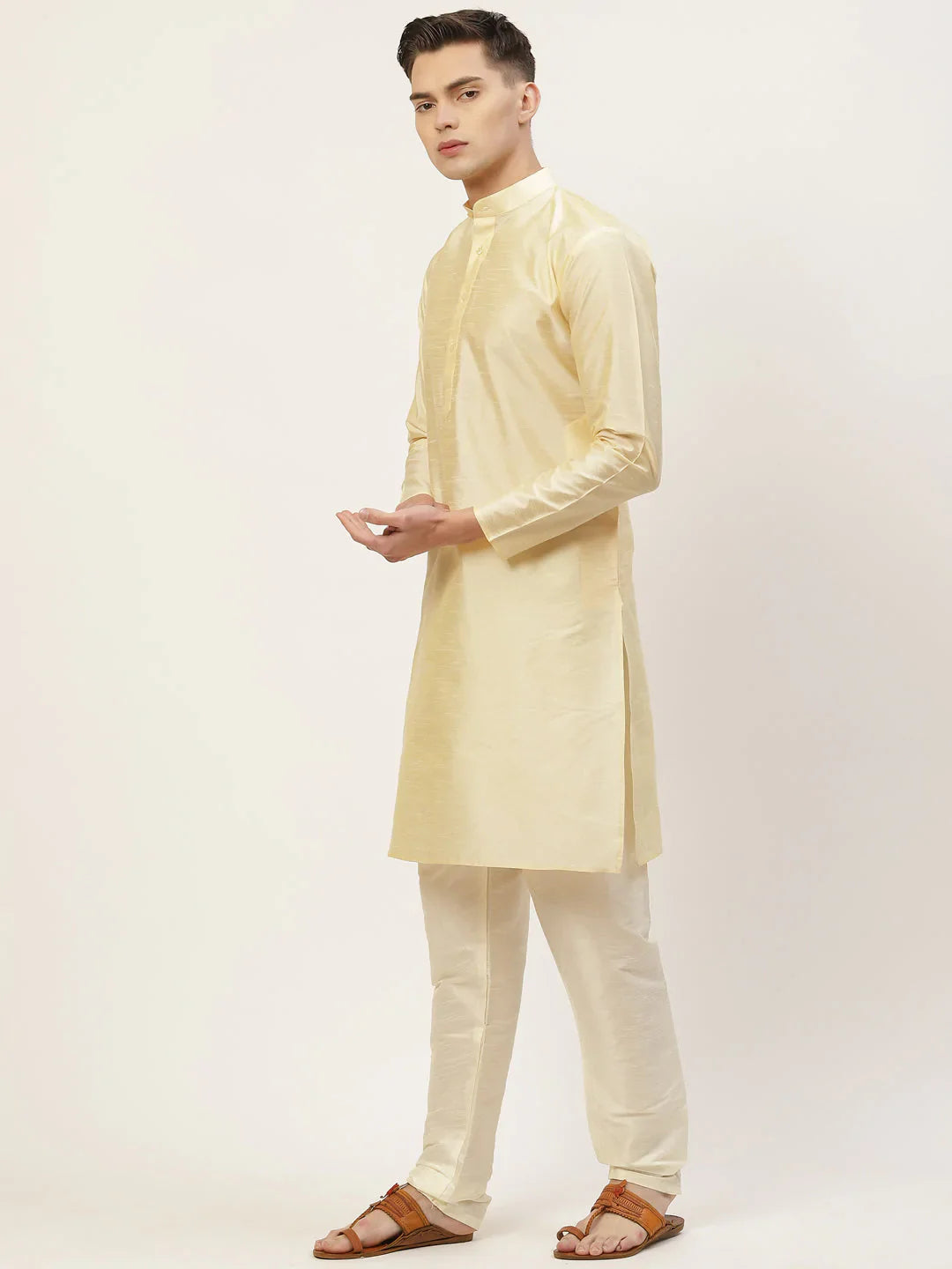Jompers Men's Solid Kurta Pyjama With Floral Peach Printed Nehru Jacket - Distacart