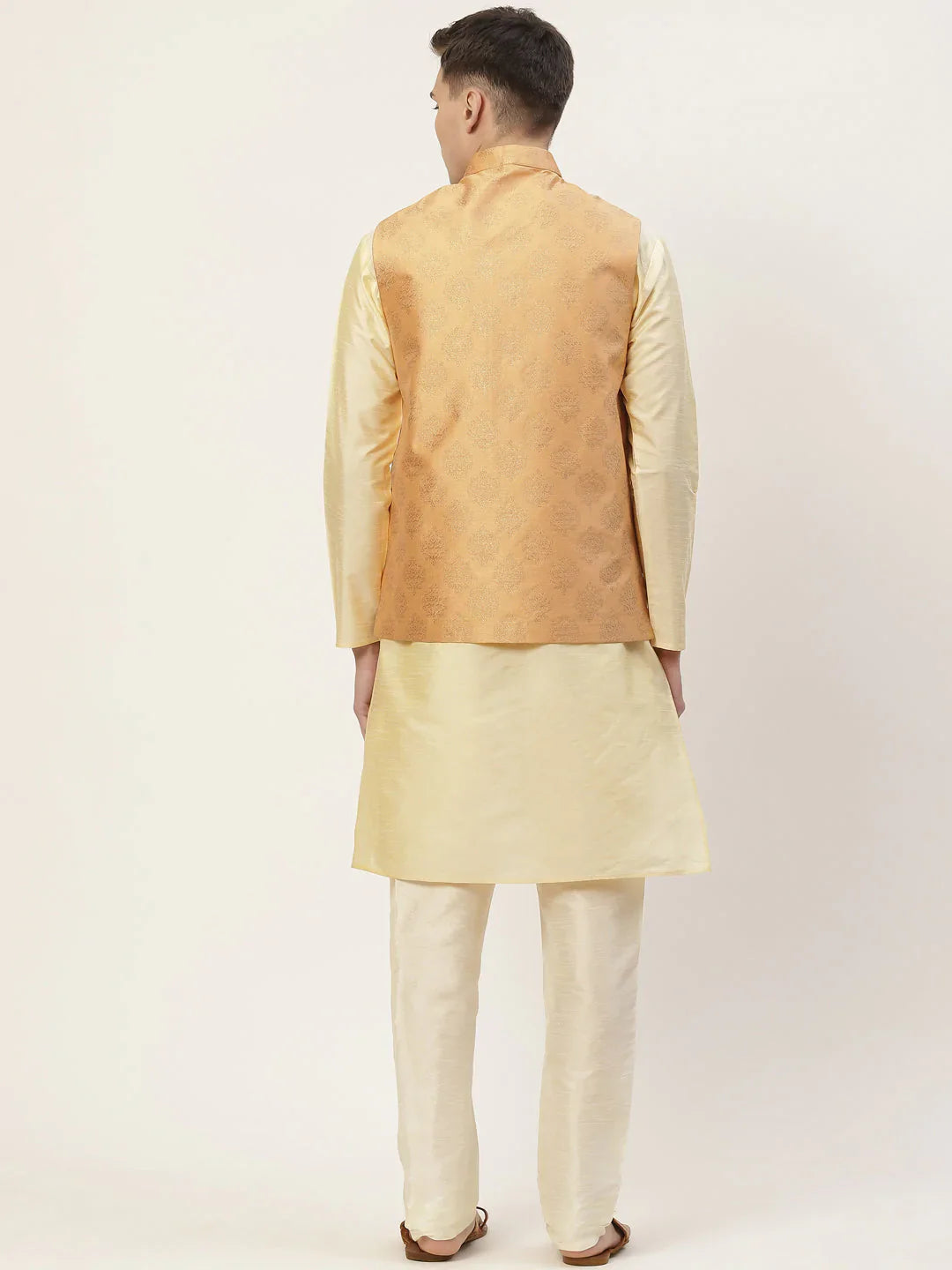 Jompers Men's Solid Kurta Pyjama With Floral Peach Printed Nehru Jacket - Distacart