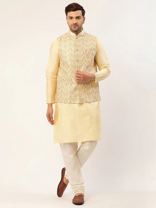 Jompers Men's Solid Kurta Pyjama With Cream Embroidered Nehru Jacket - Distacart