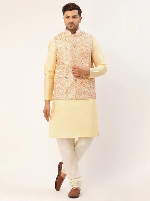 Jompers Men's Solid Kurta Pyjama With Pink Embroidered Nehru Jacket - Distacart