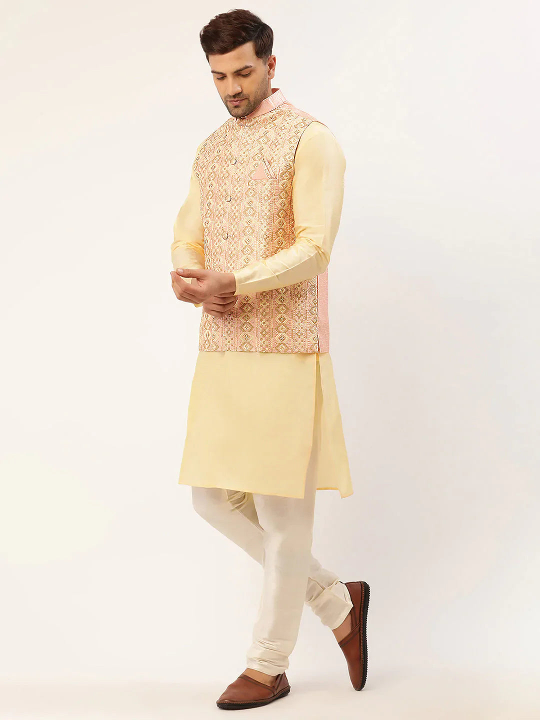 Jompers Men's Solid Kurta Pyjama With Pink Embroidered Nehru Jacket - Distacart