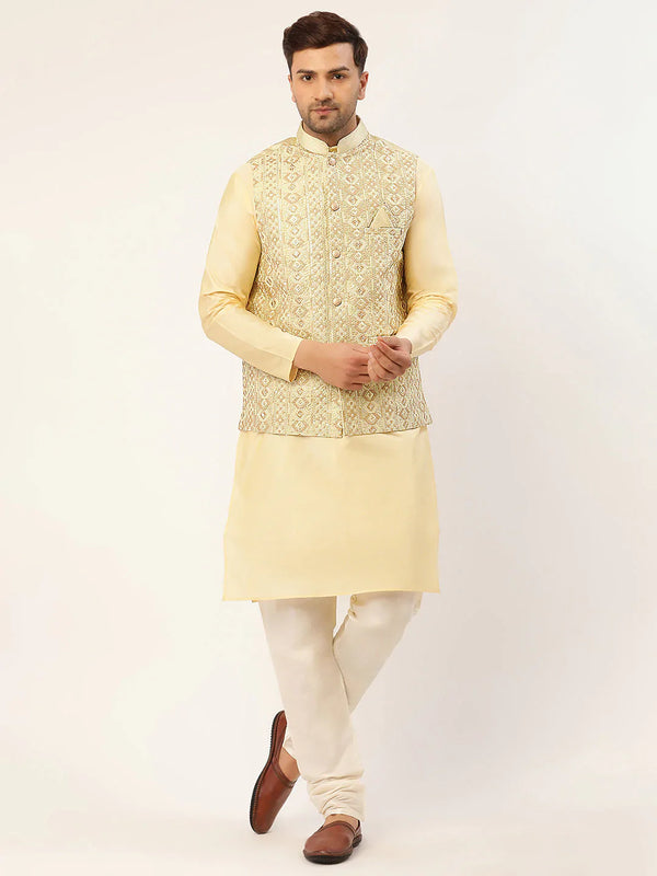 Jompers Men's Solid Kurta Pyjama With Pista Green Embroidered Nehru Jacket - Distacart