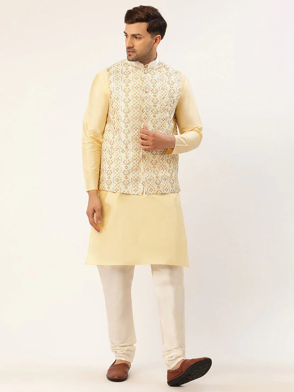 Jompers Men's Solid Kurta Pyjama With White Embroidered Nehru Jacket - Distacart