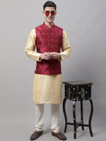 Thumbnail for Jompers Men's Golden Solid Kurta Pyjama with Maroon Woven Design Nehru Jacket - Distacart
