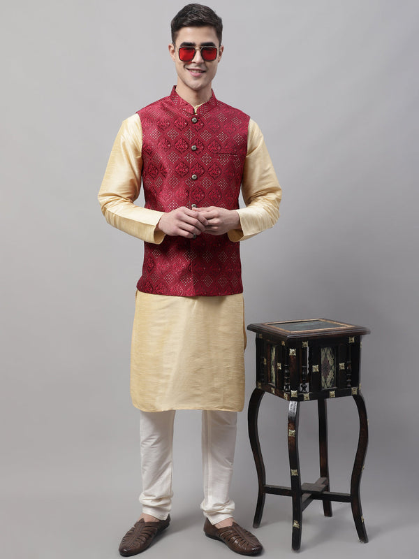 Jompers Men's Golden Solid Kurta Pyjama with Maroon Woven Design Nehru Jacket - Distacart